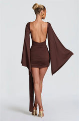 Draped Long Flare Sleeve Backless Bodycon Mini Dress