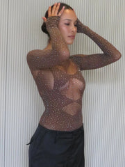 Mesh Elastic Sequin Long Sleeve Bodysuit