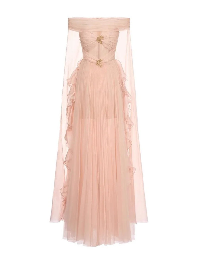 Full view of an off-the-shoulder mesh evening gown