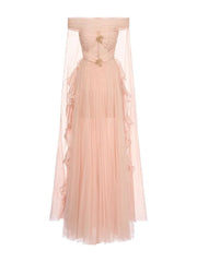 Full view of an off-the-shoulder mesh evening gown