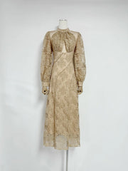 Lace Mock Neck Lantern Sleeve Dress