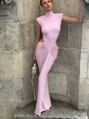 Cutout Ruched Mock Neck Sleeveless Maxi Dress