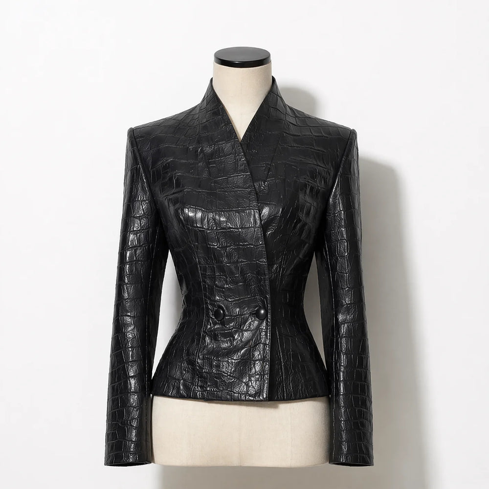 Black embossed faux leather blazer on a mannequin