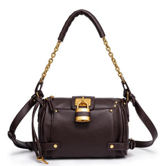 Dark brown structured leather bag with gold lock detail and chain strap