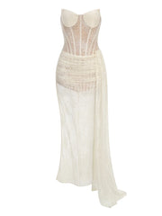 White Strapless Lace Corset Folds Draped Dress
