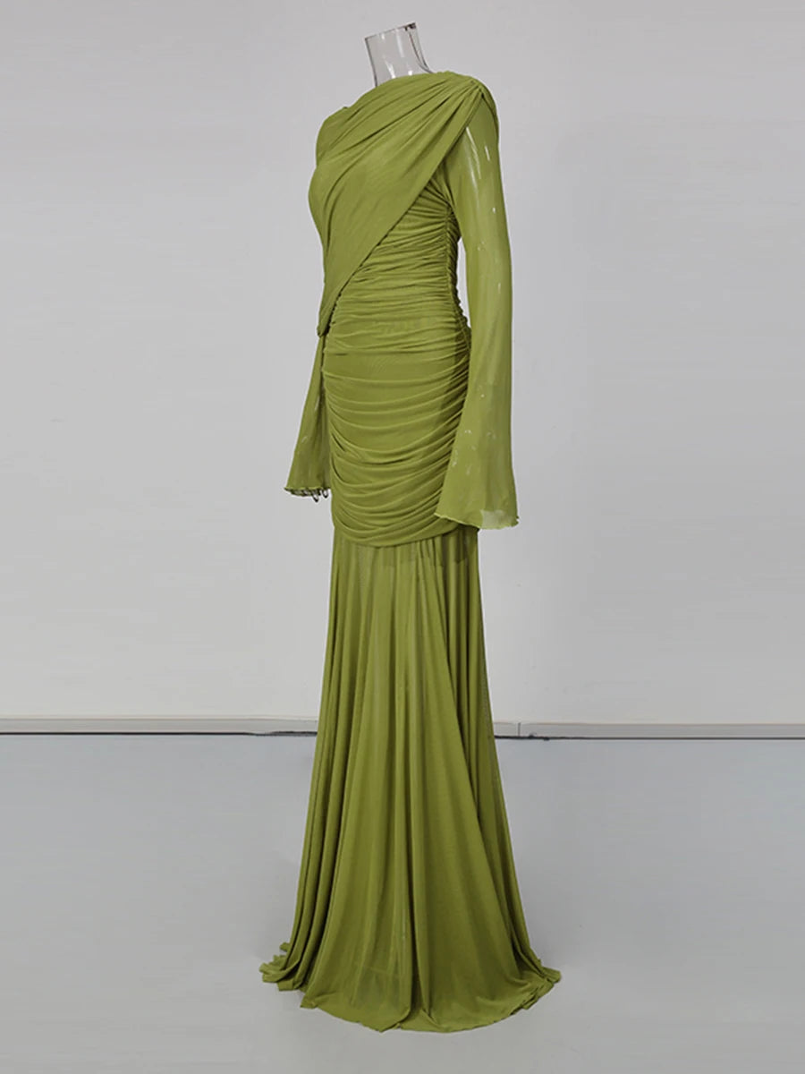 Draped mesh maxi dress on mannequin, side view
