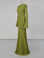 Draped mesh maxi dress on mannequin, side view