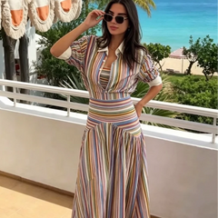 Multicolor Striped Button Shirt and Maxi Skirt Set