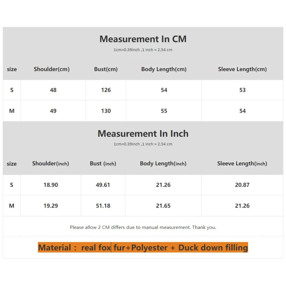 Measurement chart for clothing sizes in centimeters and inches with material details.