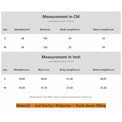 Measurement chart for clothing sizes in centimeters and inches with material details.