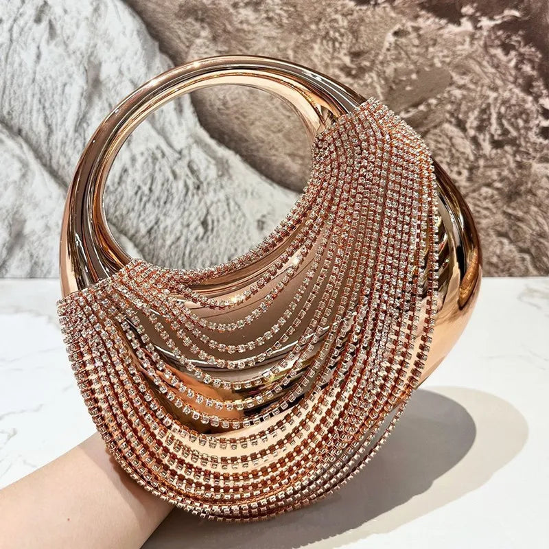Champagne crystal fringe hard case minaudiere clutch with circular handle