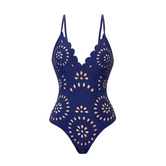 Scallop Neckline One-Piece Swimsuit with Eyelet Midi Skirt Set