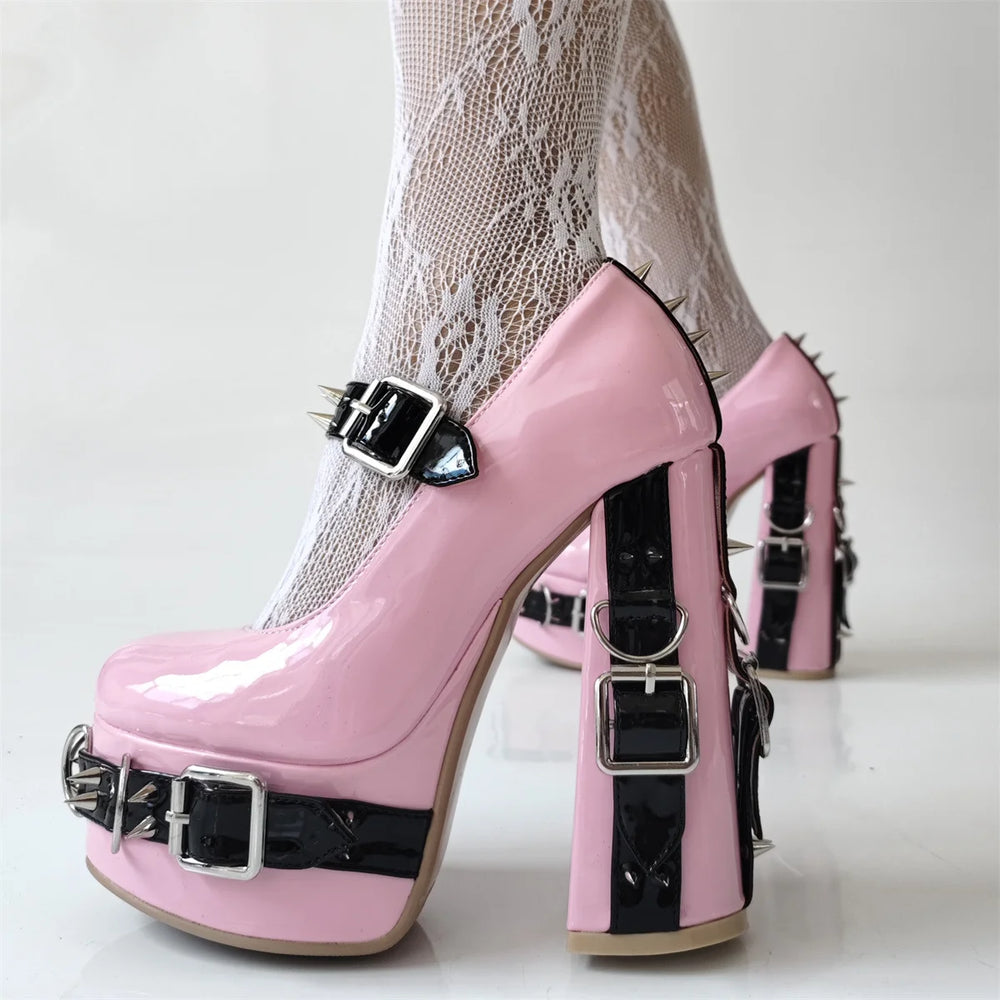 Platform chunky heel Mary Jane shoes with spiked ankle straps