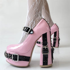 Platform chunky heel Mary Jane shoes with spiked ankle straps