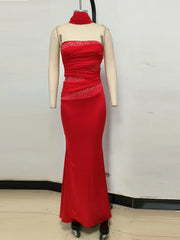 Red Satin Strapless Patchwork Gown with Draped Scarf Detail