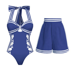 Blue and white striped halter one-piece swimsuit and shorts set