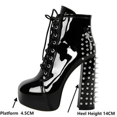 Spiked platform chunky heel boot with measurements