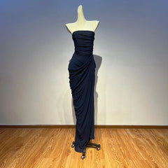Strapless Lace Up Draped Slit Maxi Dress