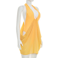 Yellow Drape Halter Neck Cutout Ruched Mini Dress