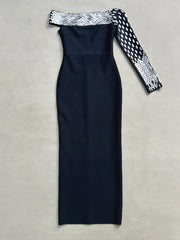 Navy blue off-shoulder dress with sequin detailing on a beige background