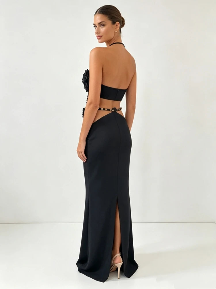 Halter neck floral maxi dress back view