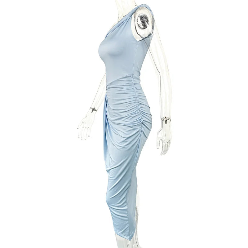 Light blue ruched dress on a mannequin against a white background
