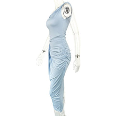 Light blue ruched dress on a mannequin against a white background