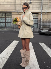 Drawstring Waist Standing Collar Trench Coat