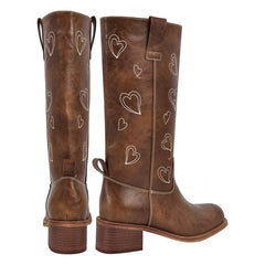 Back view of brown embroidered heart knee-high boots
