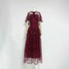Lace Cape Sleeve Strapless Maxi Dress