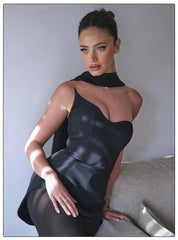 Strapless Asymmetric Neckline Mesh Patchwork Maxi Dress with Ribbon