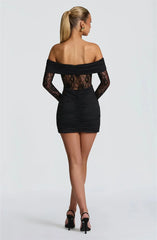 Off-shoulder Lace See Through Long Sleeve Ruched Mini Dress
