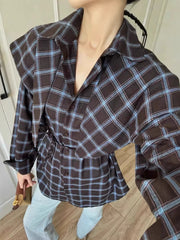 Plaid Lapel Collar Belted Shirt