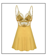 Yellow lace-trimmed dress on a white background