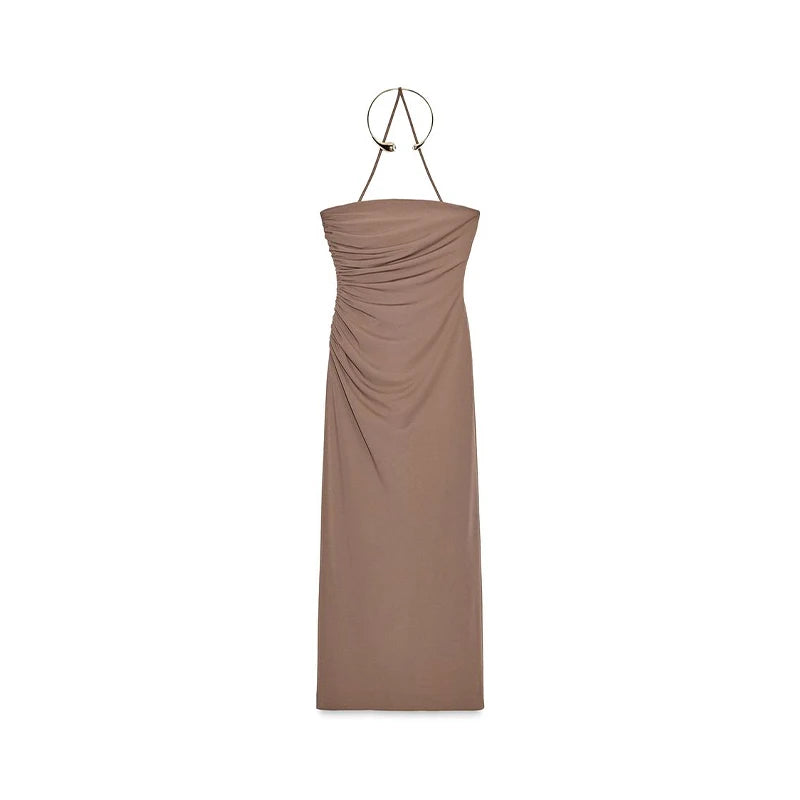 Brown strapless dress on a white background