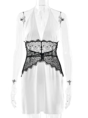 White Satin Lace Trim Waist Halter Mini Dress