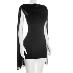 Black dress with sheer sleeves on a mannequin against a white background