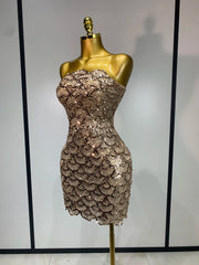 Strapless sequin scallop mini dress in champagne, side view