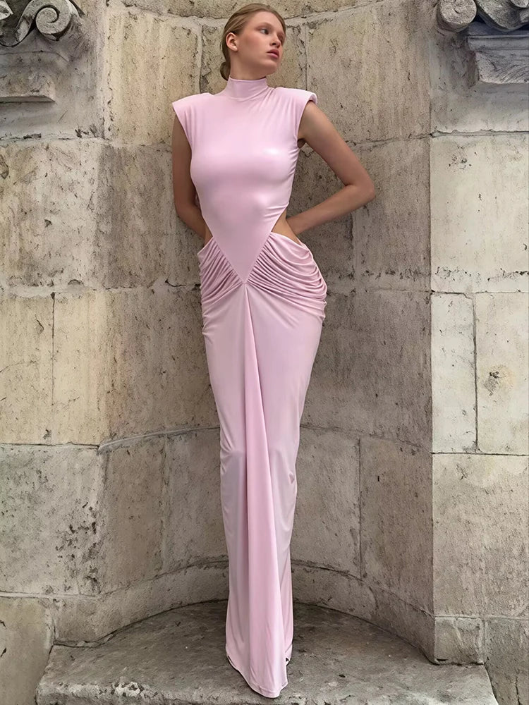 Pink cutout ruched mock neck sleeveless maxi dress
