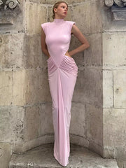 Pink cutout ruched mock neck sleeveless maxi dress