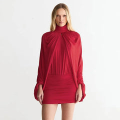 Red Ruched Turtleneck Long Sleeve Dress