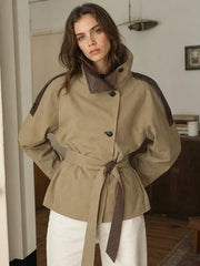 Faux Leather Patchwork Collar Belt Waist Cinched Jacket