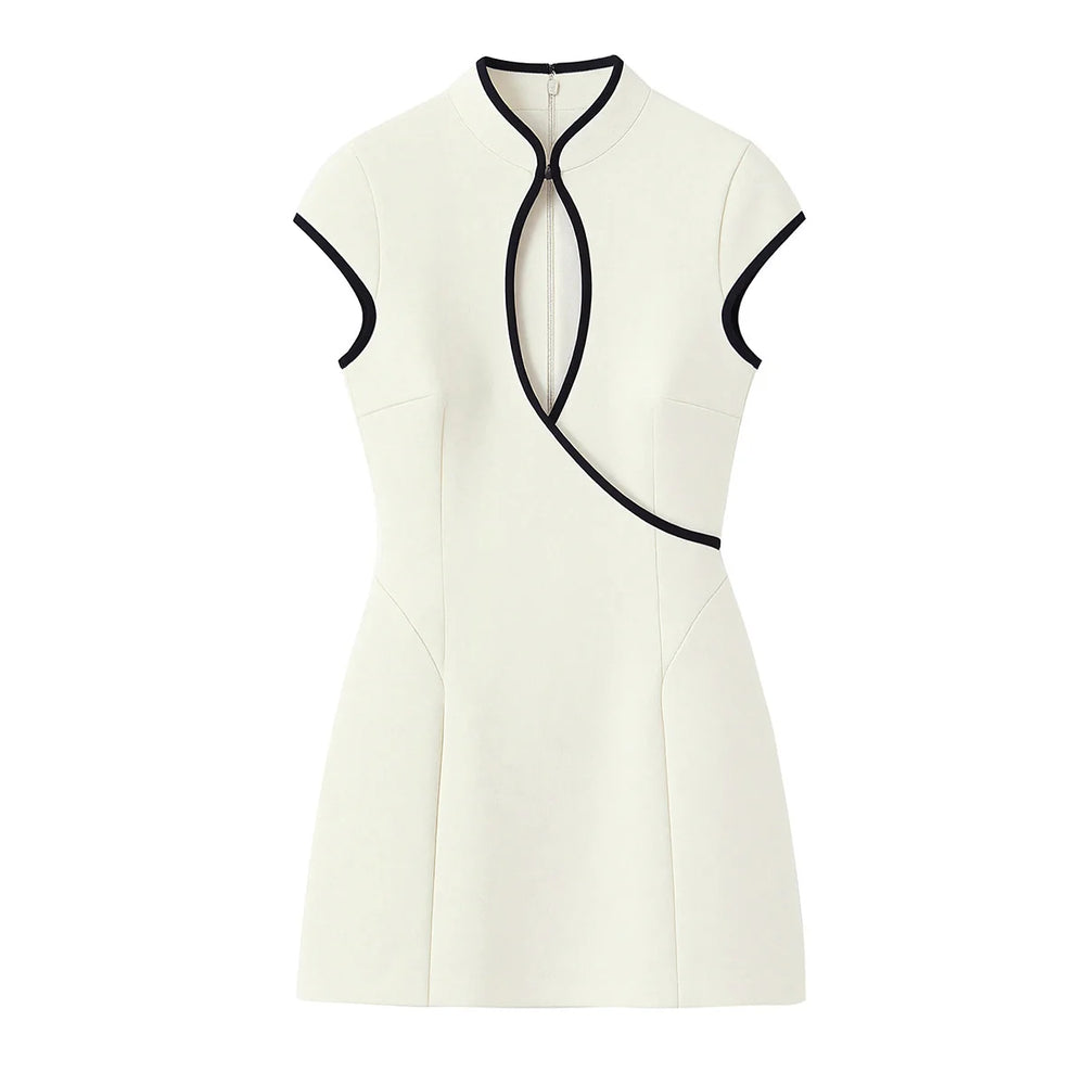 White sleeveless dress with black accents on a white background