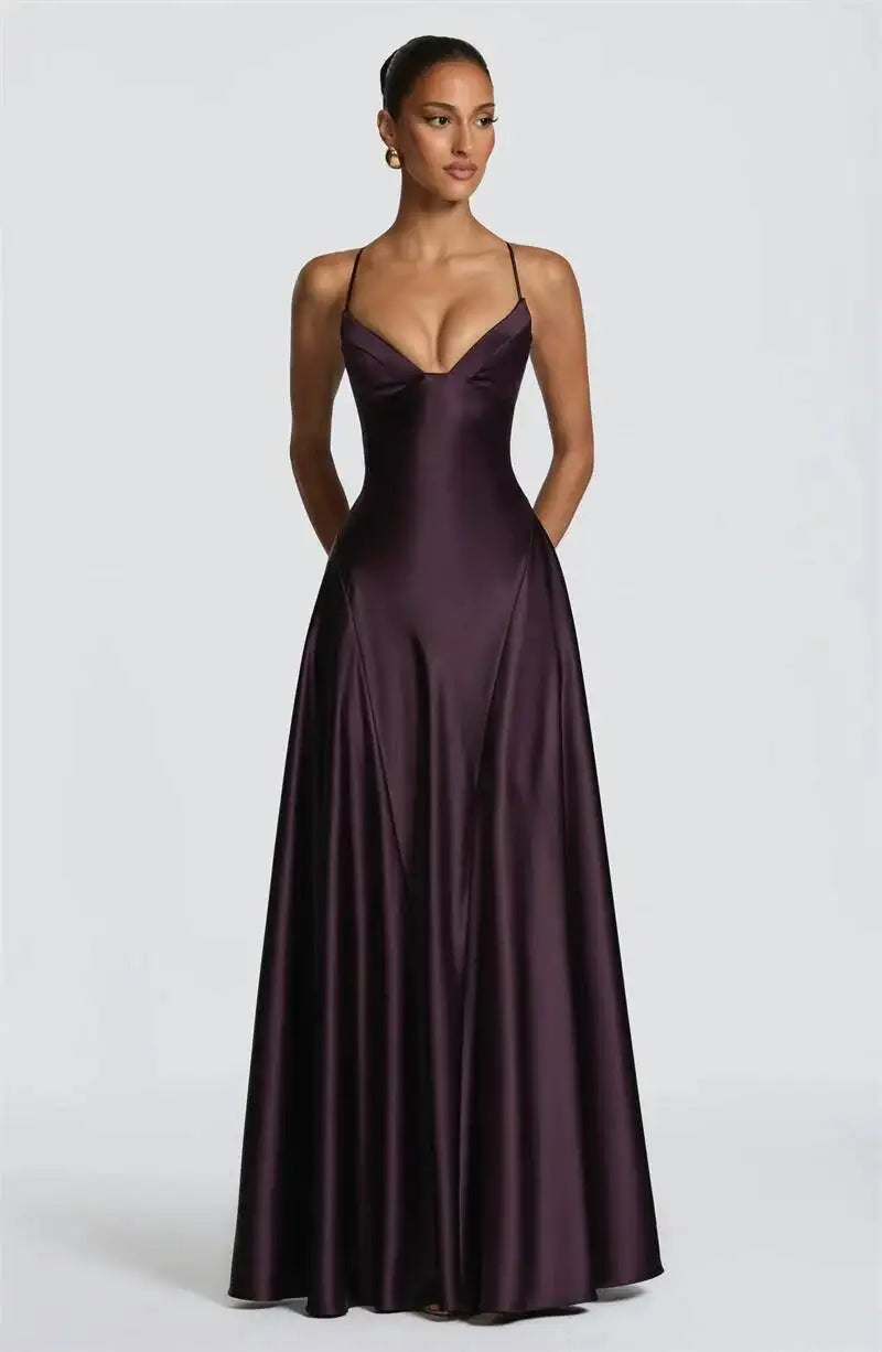 Purple satin spaghetti strap deep V-neck maxi dress