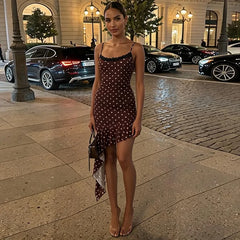 Polka Dot Lace Trim Asymmetric Ruffle Hem Mini Dress