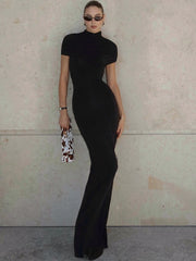 Turtleneck Hollow-Out Ruched Maxi Dress