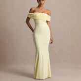 Off shoulder floral applique long dress front view
