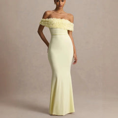 Off shoulder floral applique long dress front view