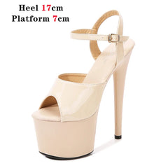 Beige high-heeled sandal with platform on a white background