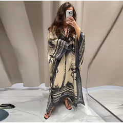 Flamingo print maxi dress on model